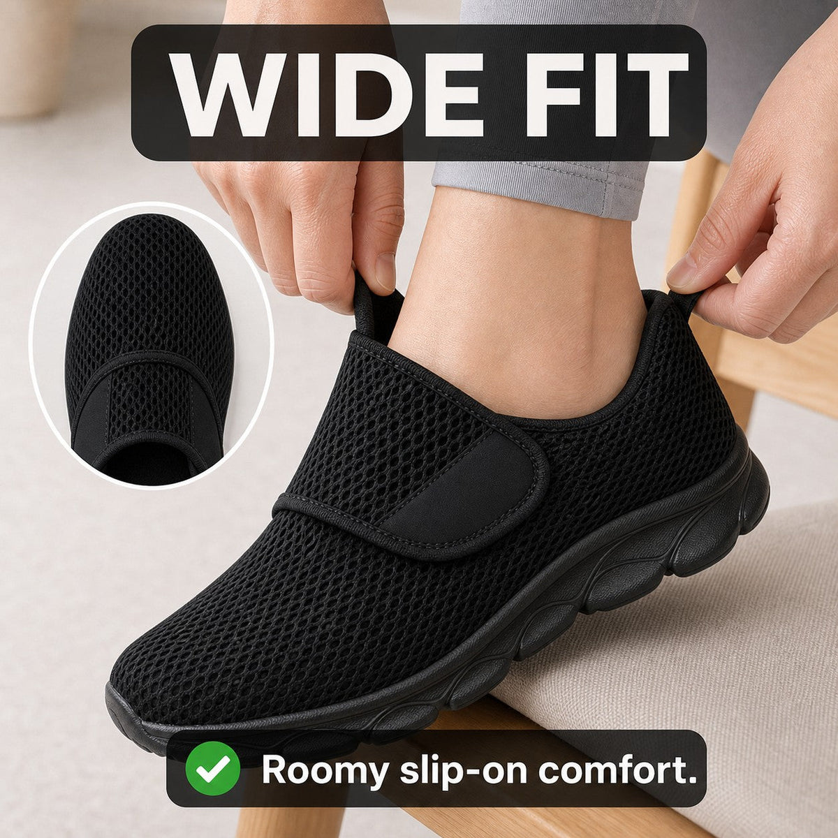 Mira Wide Fit Slip On Walking Shoes For Women All Black Wide Fit Feature