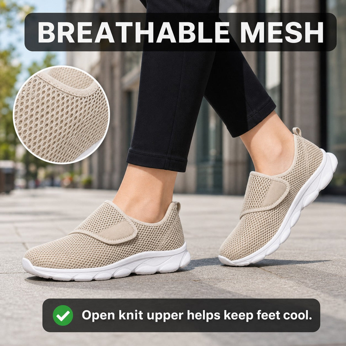 Mira Wide Fit Slip On Walking Shoes For Women Beige Breathable Mesh Feature