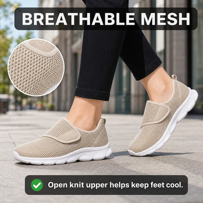 Mira Wide Fit Slip On Walking Shoes For Women Beige Breathable Mesh Feature