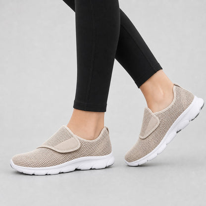 Mira Wide Fit Slip On Walking Shoes For Women Beige Model Wearing