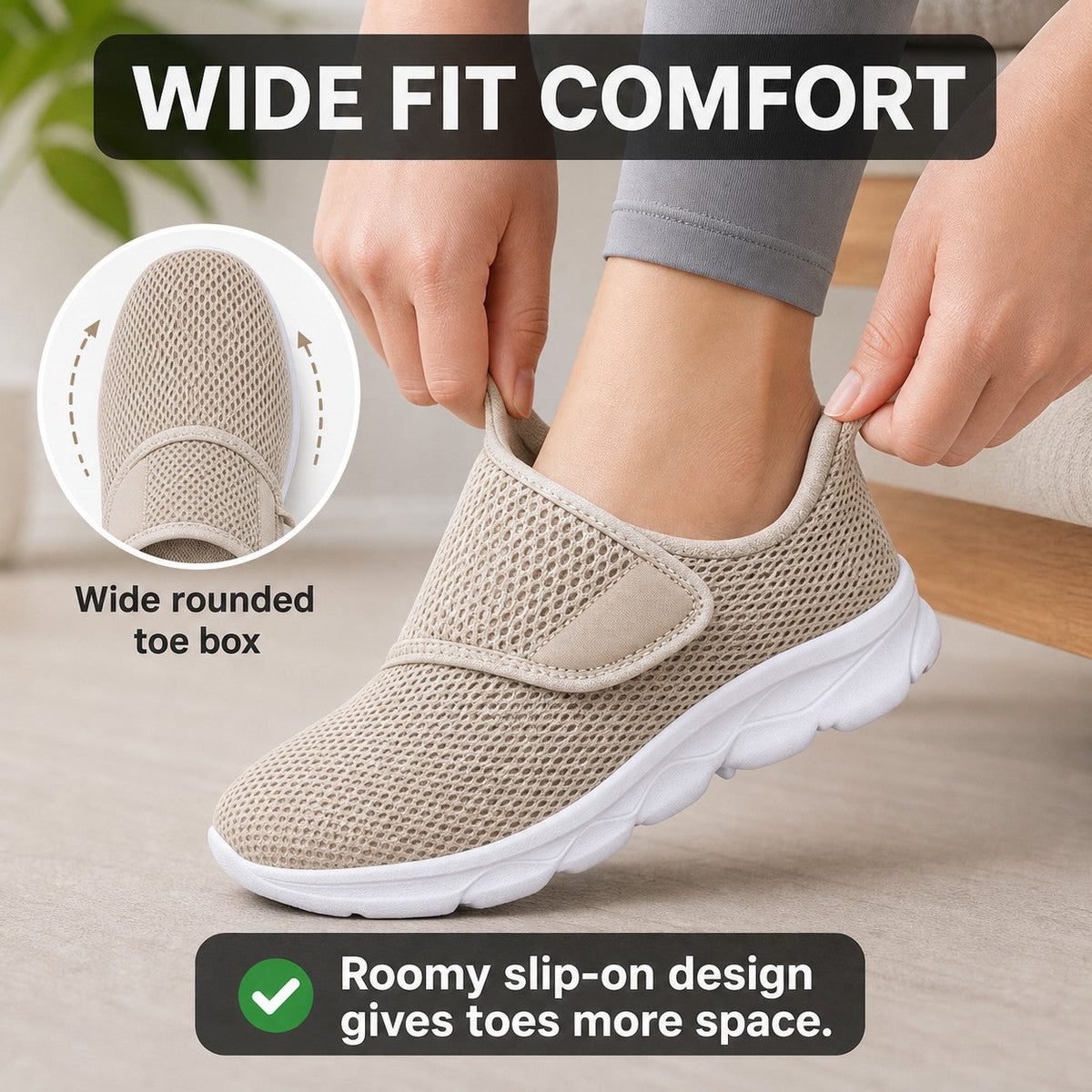 Mira Wide Fit Slip On Walking Shoes For Women Beige Wide Fit Comfort Feature