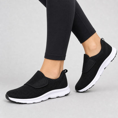Mira Wide Fit Slip On Walking Shoes For Women Black Model Wearing