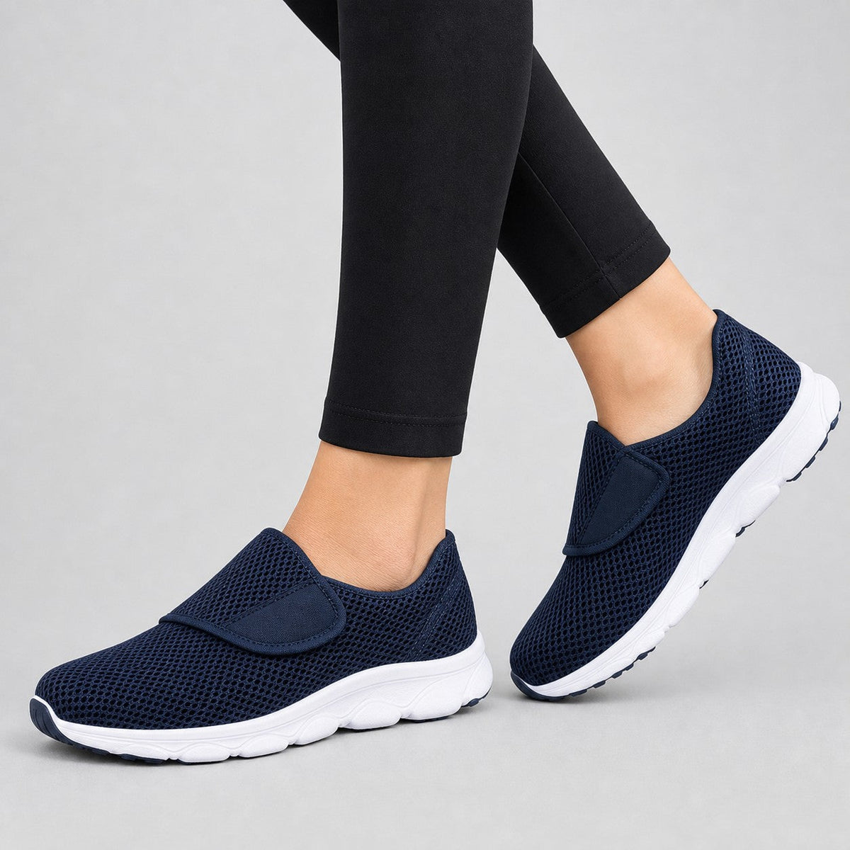 Mira Wide Fit Slip On Walking Shoes For Women Navy Blue Model Wearing