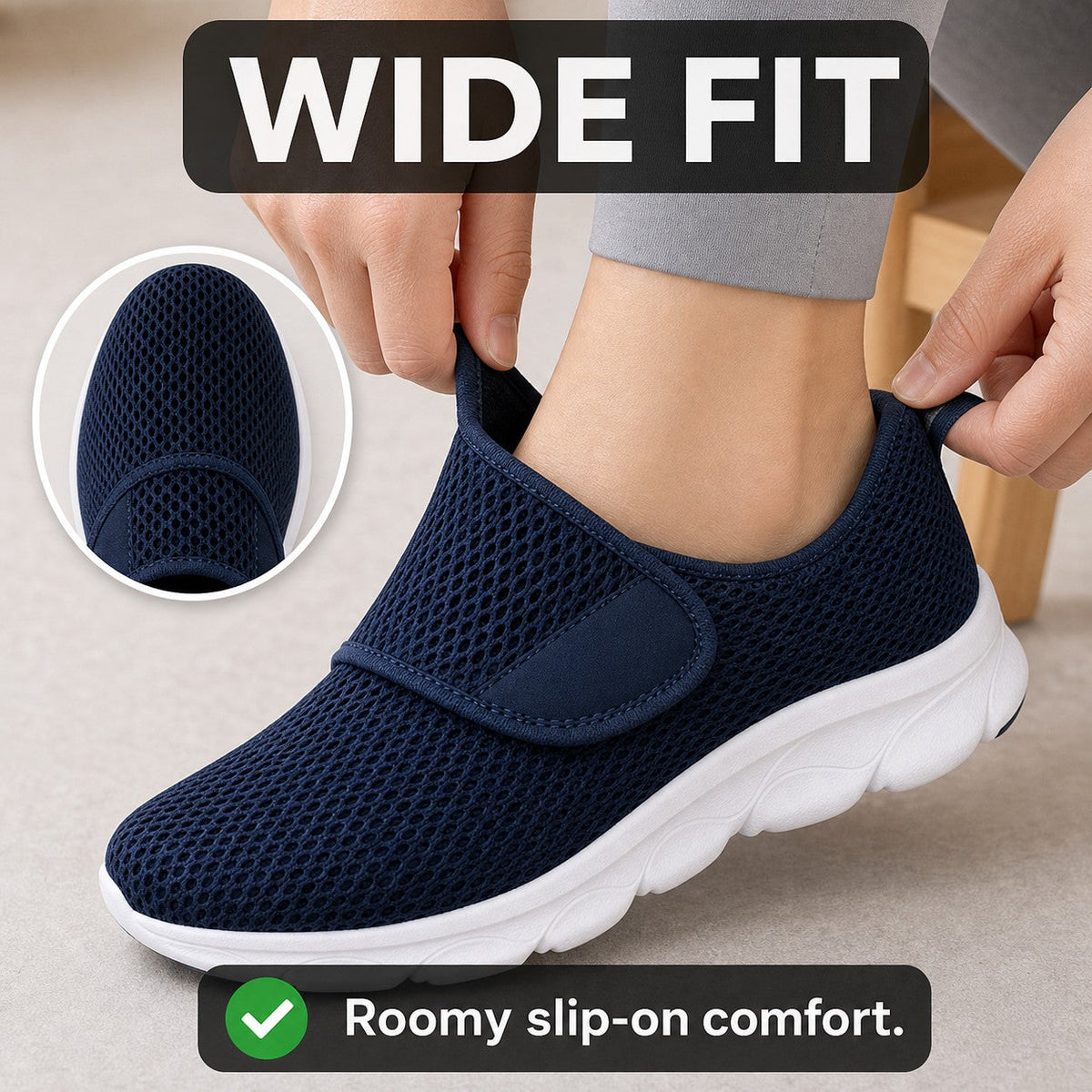 Mira Wide Fit Slip On Walking Shoes For Women Navy Blue Wide Fit Feature