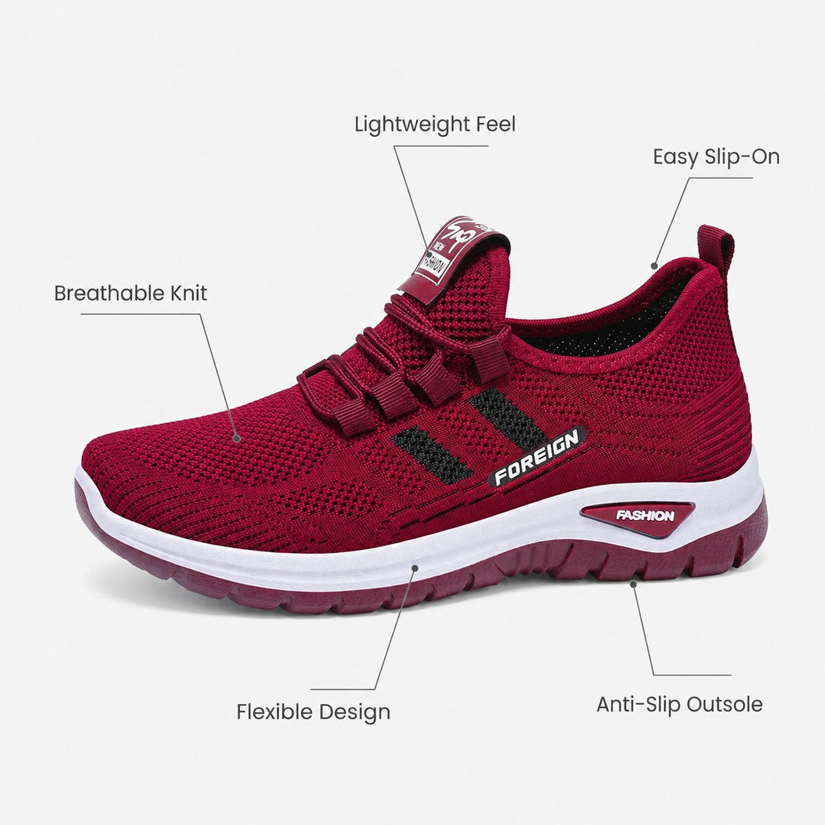 Nira Anti Slip Lightweight Walking Shoes For Women Colour Burgundy Front Feature Callout