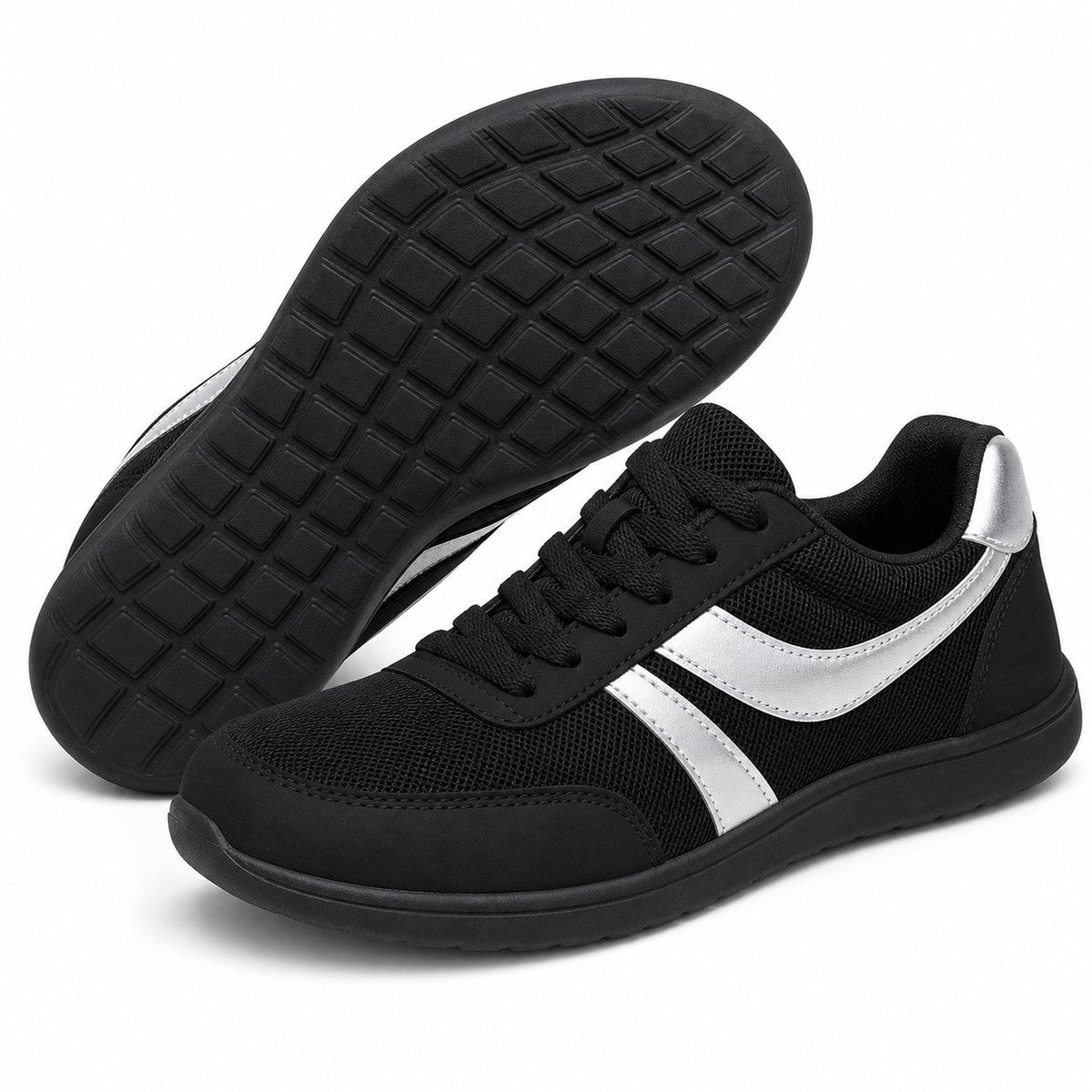 Orlena Roomy Toe Walking Shoes For Women Black Silver Front Hero Pair Sole