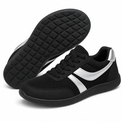 Orlena Roomy Toe Walking Shoes For Women Black Silver Front Hero Pair Sole