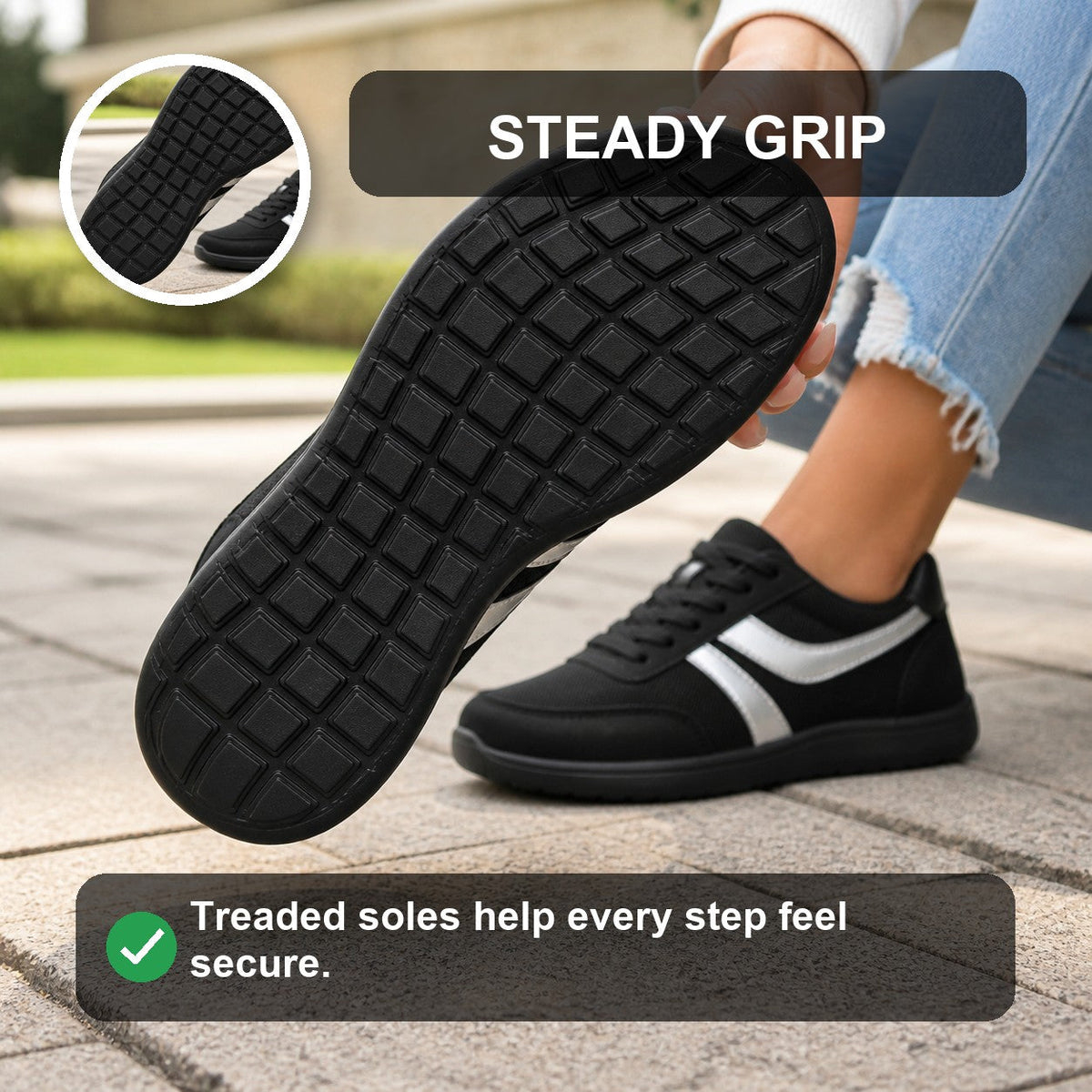 Orlena Roomy Toe Walking Shoes For Women Black Silver Steady Grip Feature
