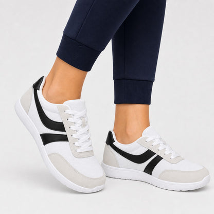 Orlena Roomy Toe Walking Shoes For Women White Black Model Wearing