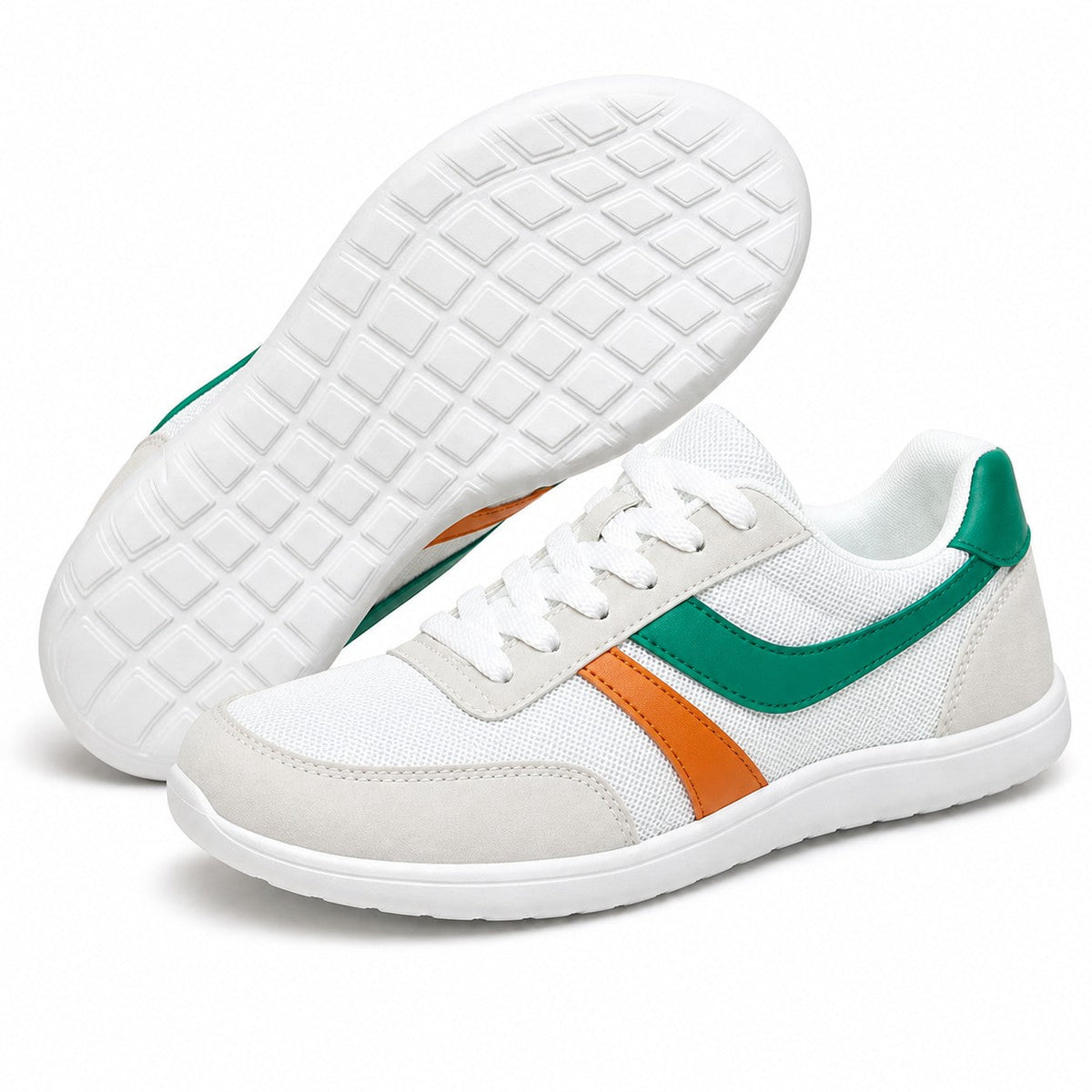Orlena Roomy Toe Walking Shoes For Women White Green Orange Front Hero Pair Sole