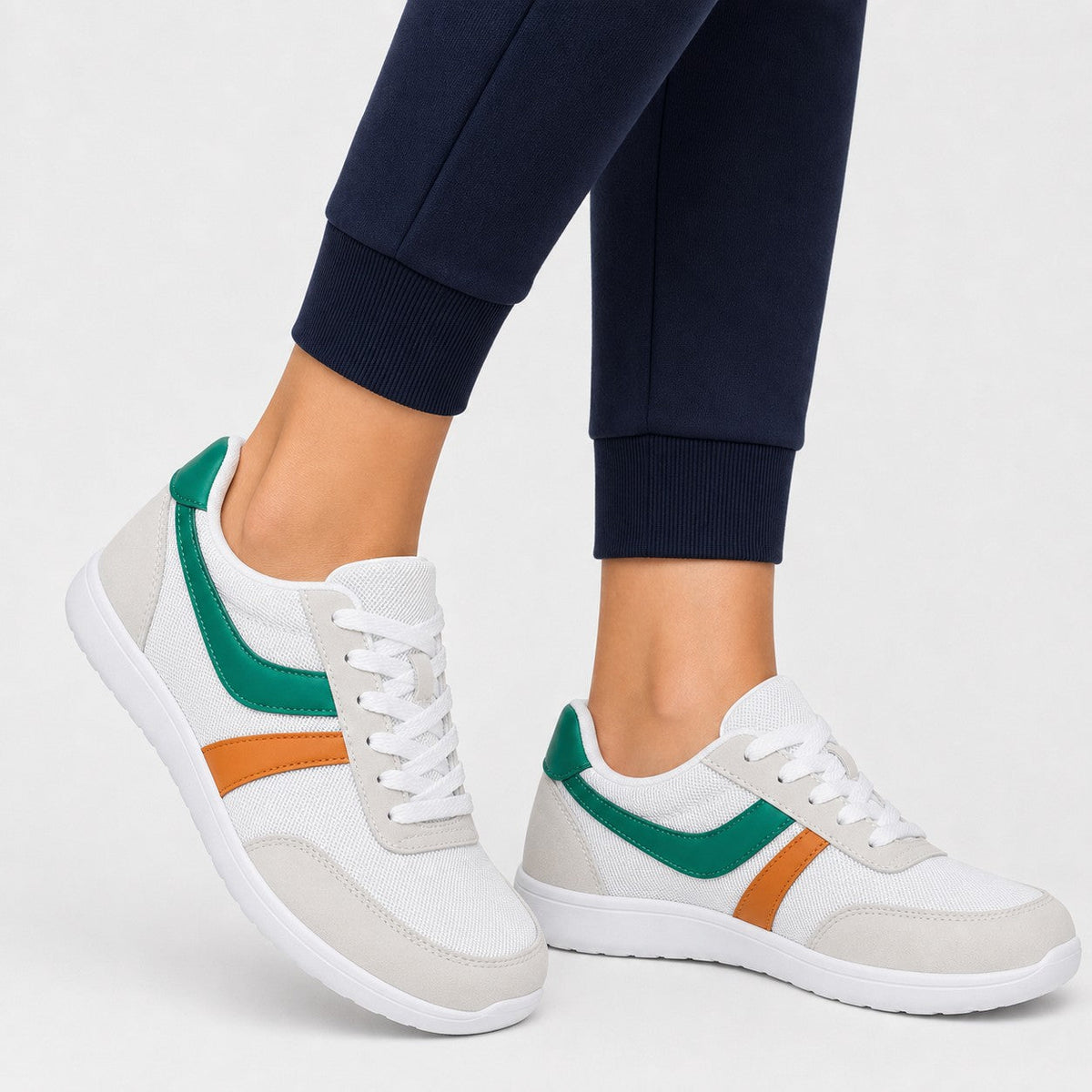 Orlena Roomy Toe Walking Shoes For Women White Green Orange Model Wearing