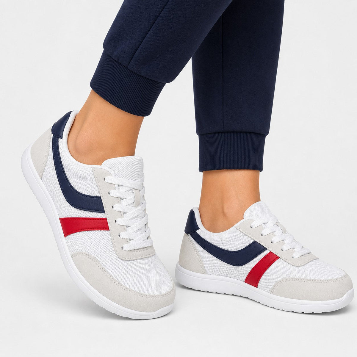 Orlena Roomy Toe Walking Shoes For Women White Navy Red Model Wearing