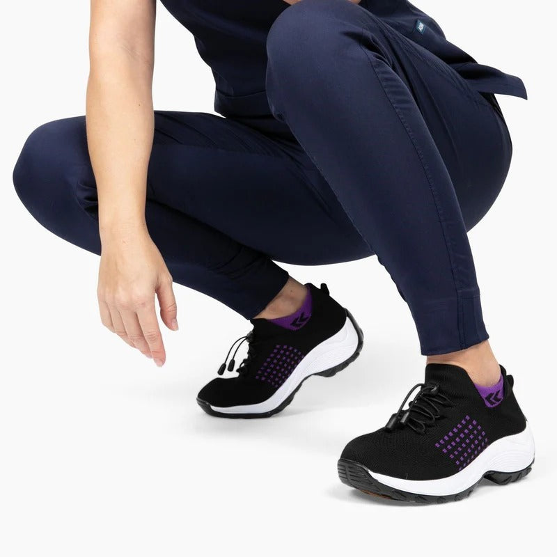 OrthoMila Women's Orthopedic Everyday Shoes black purple lifestyle crouching view