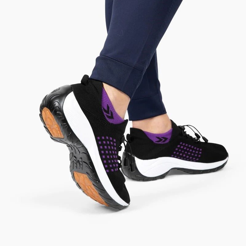OrthoMila Women's Orthopedic Everyday Shoes black purple sole grip lifestyle view