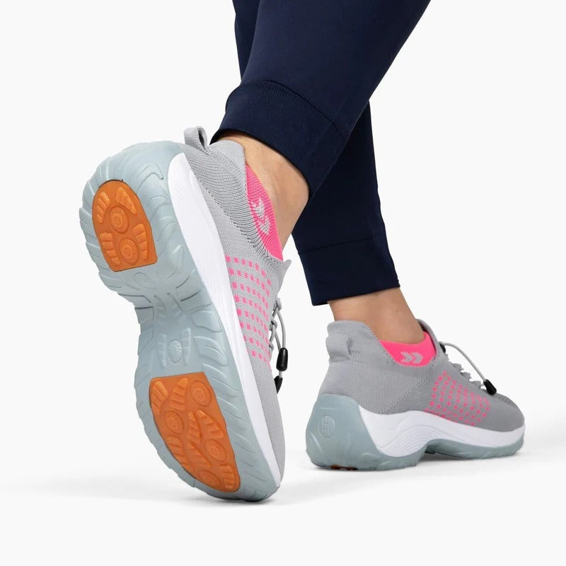 OrthoMila Women's Orthopedic Everyday Shoes grey pink sole grip lifestyle view