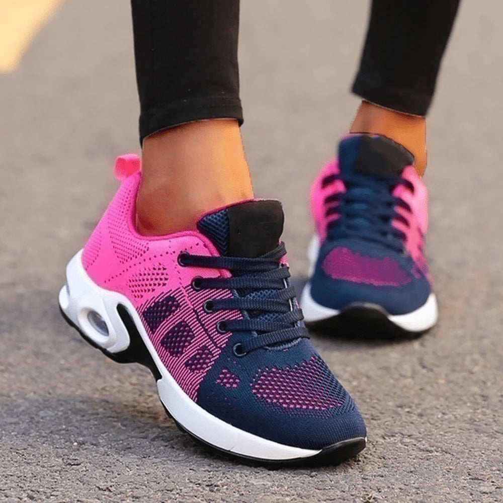 Woman walking in blue OrthoStep air cushion shoes