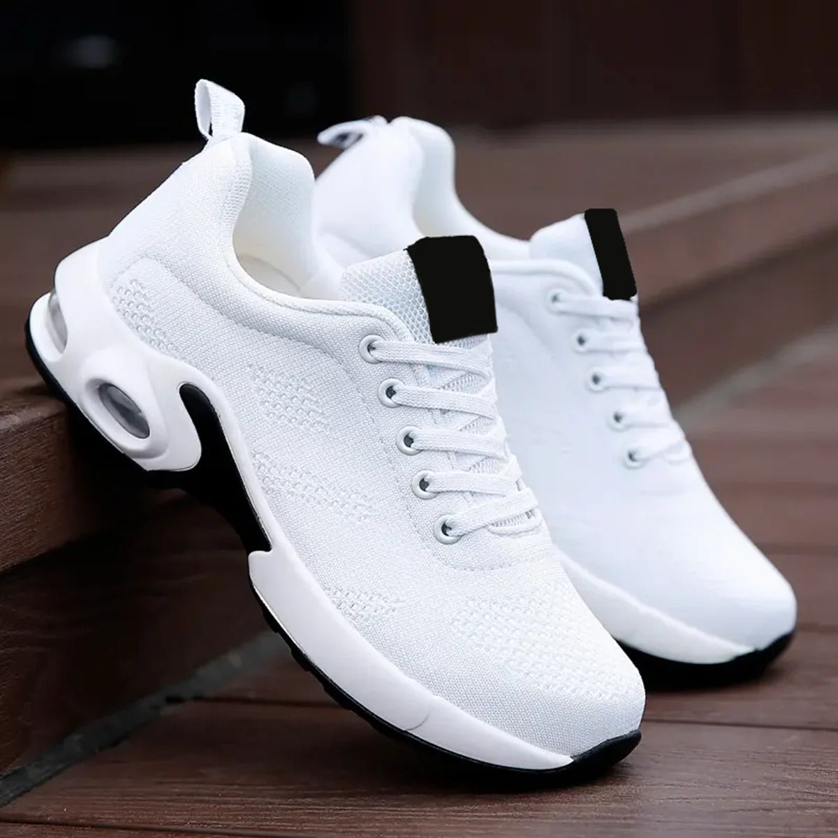 White OrthoStep Women's Air Cushion Walking Shoes side view on stairs