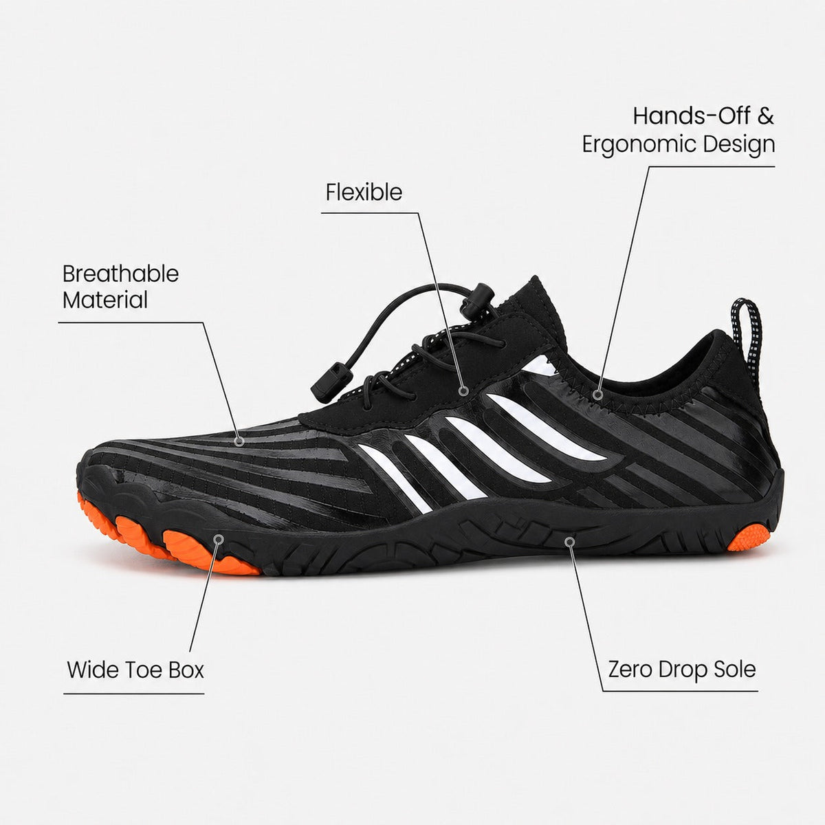 Prostep Premium Barefoot Shoes For Women Colour Black Orange Feature Diagram