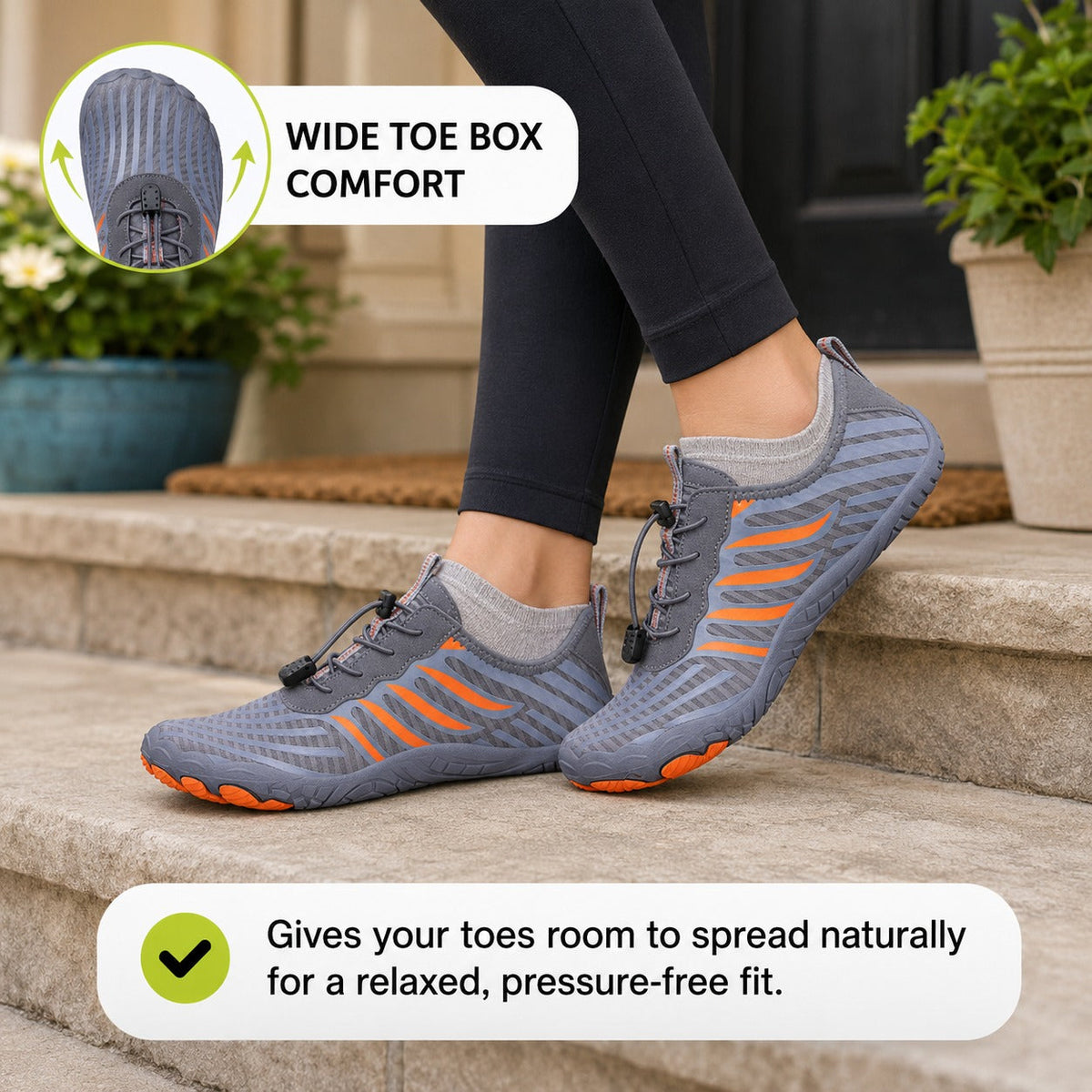 Prostep Premium Barefoot Shoes For Women Colour Grey Orange Wide Toe Comfort Lifestyle