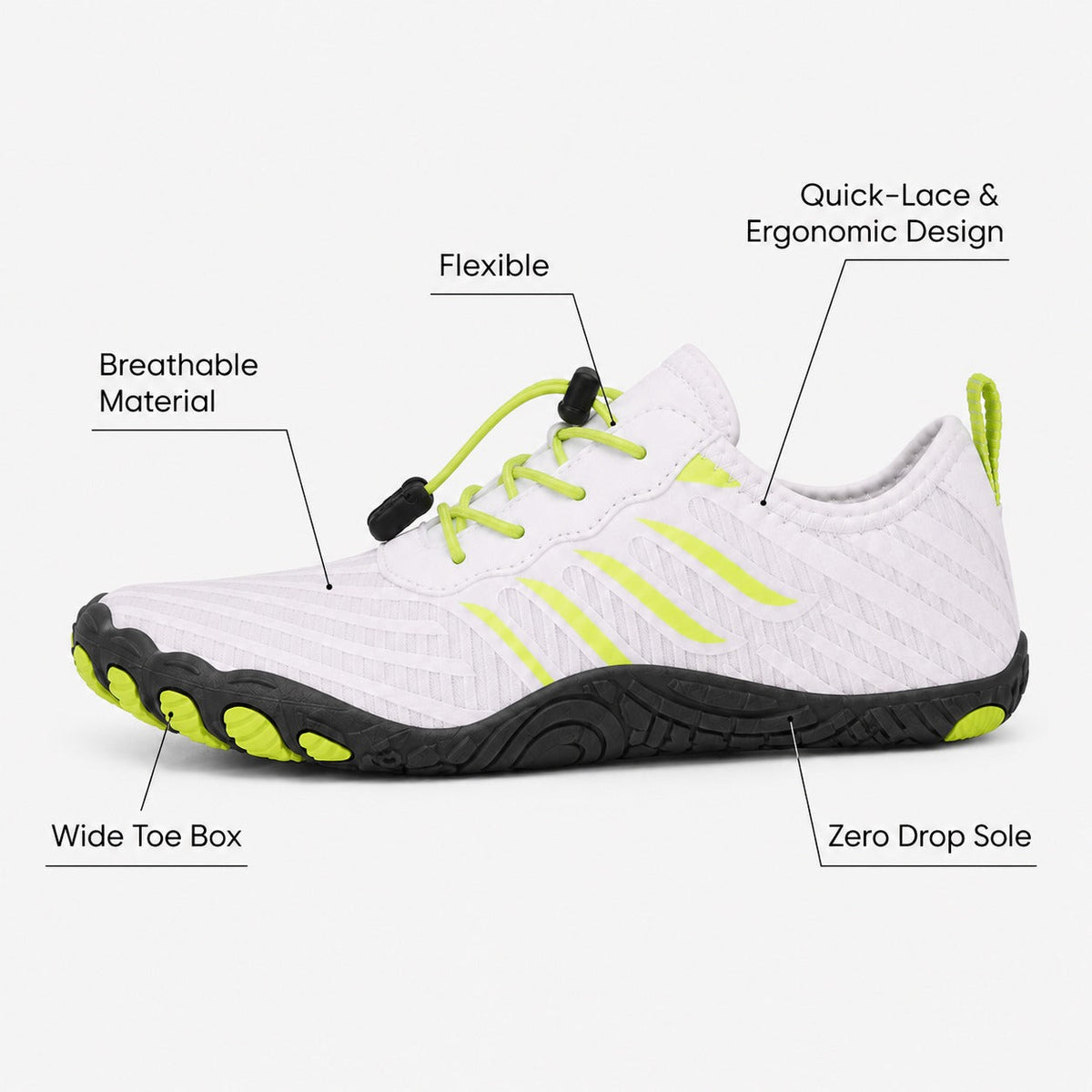 Prostep Premium Barefoot Shoes For Women Colour White Lime Feature Diagram