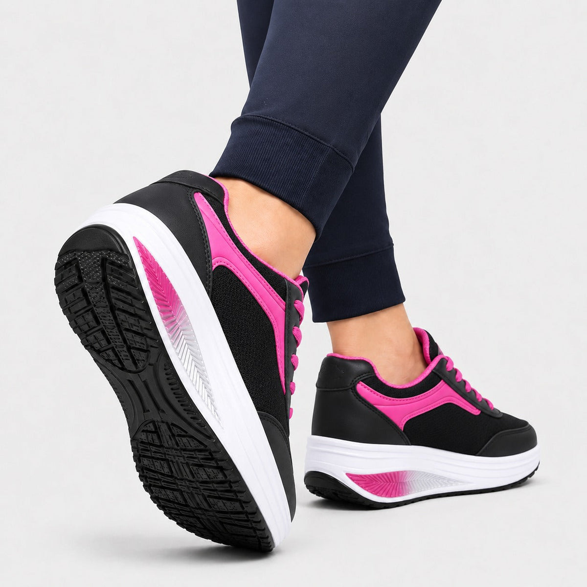 Wave Orthopedic Sole Walking Shoes For Women Colour Black Pink Rear Sole Traction