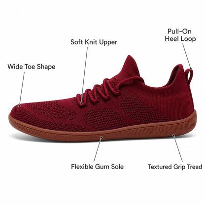 Zenn Wide Toe Barefoot Shoes For Women Colour Deep Red Wide Toe Feature Callout