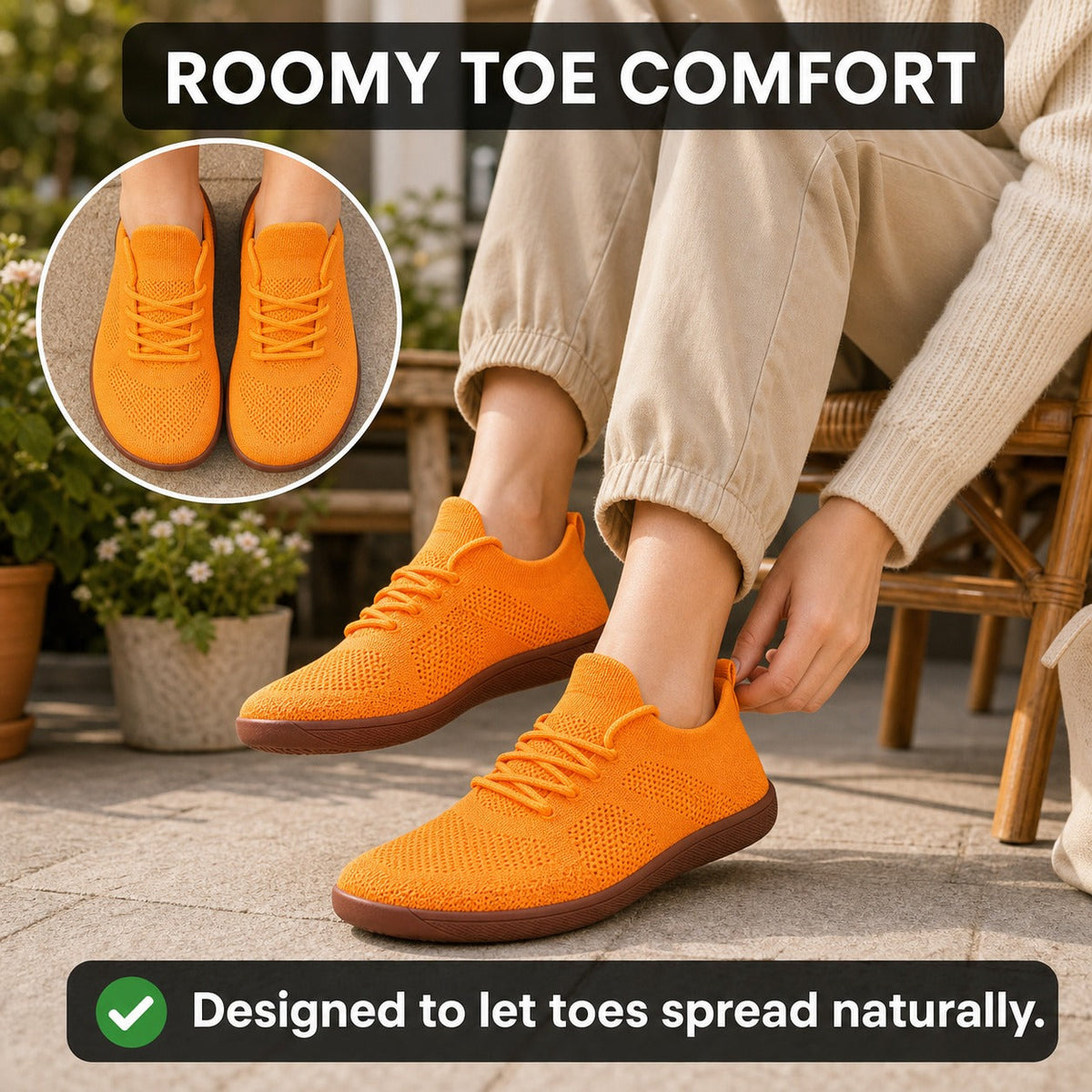 Zenn Wide Toe Barefoot Shoes For Women Colour Orange Roomy Toe Comfort Lifestyle